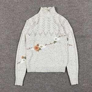Vintage Oatmeal Turtleneck Knit Sweater Women’s S Floral Embroidery Cottage Core